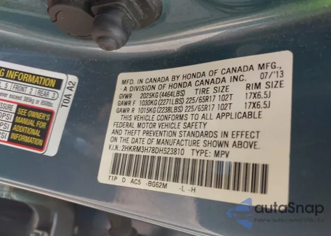 2013 Honda Cr-V Ex-L z USA, uszkodzony, nr VIN 2HKRM3H78DH523810